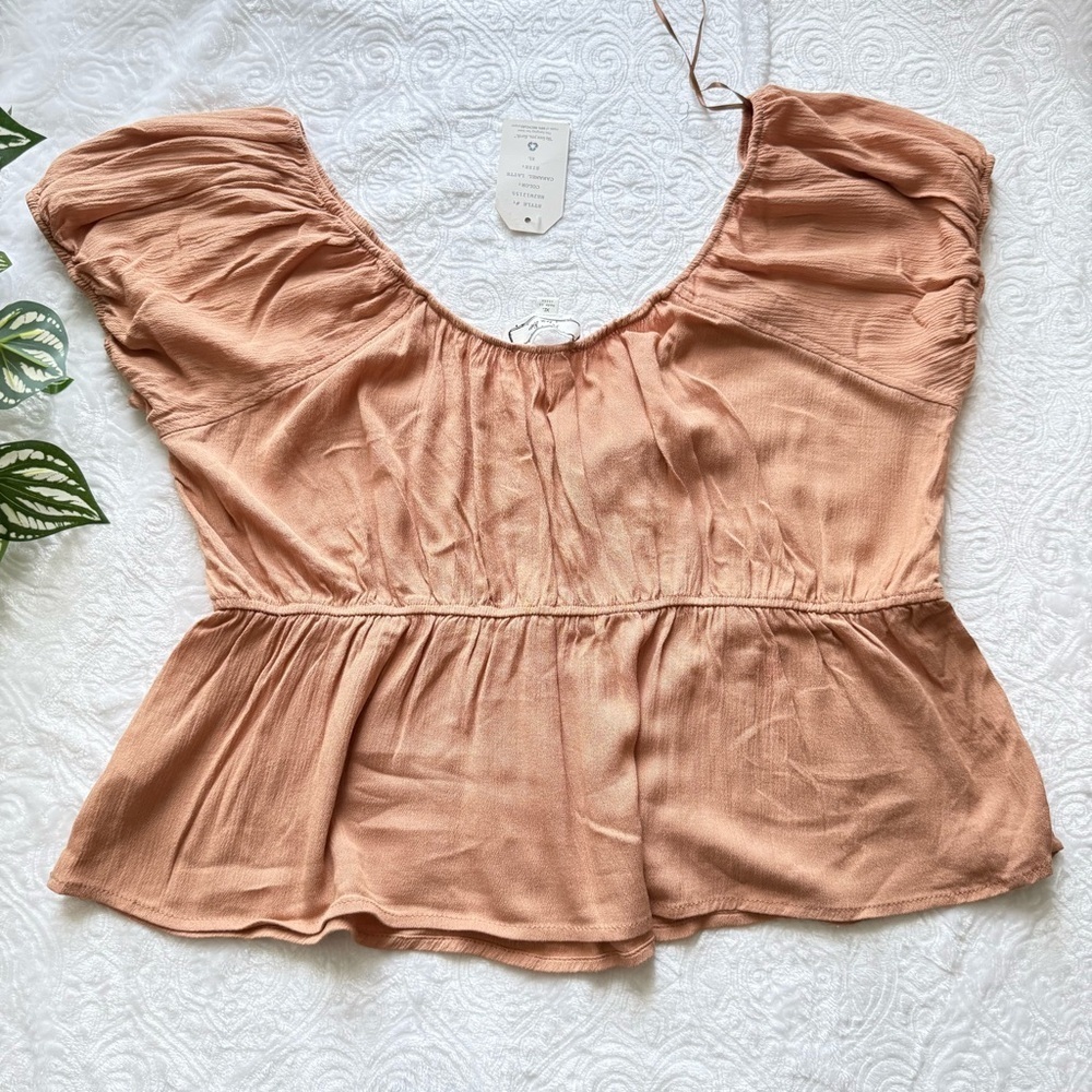 Hippie Rose Soft Brown Smocked Peplum Blouse Size XL NWT Boho Flowy - Picture 2 of 7